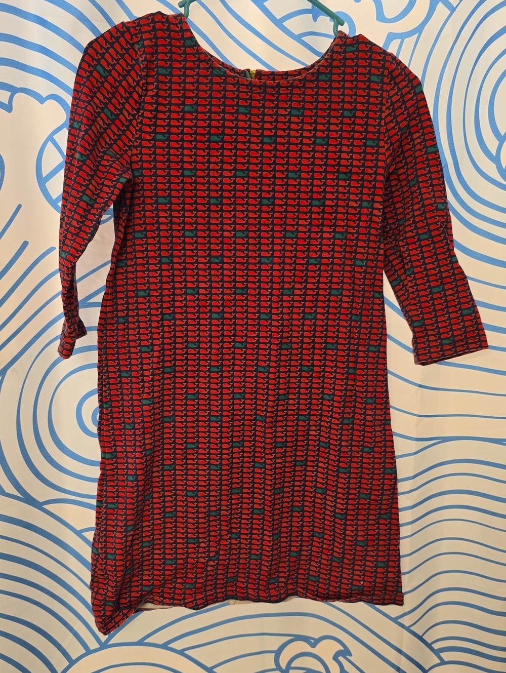 Vineyard Vines Red And Green Whale Patterned Long Sleeve Dress
